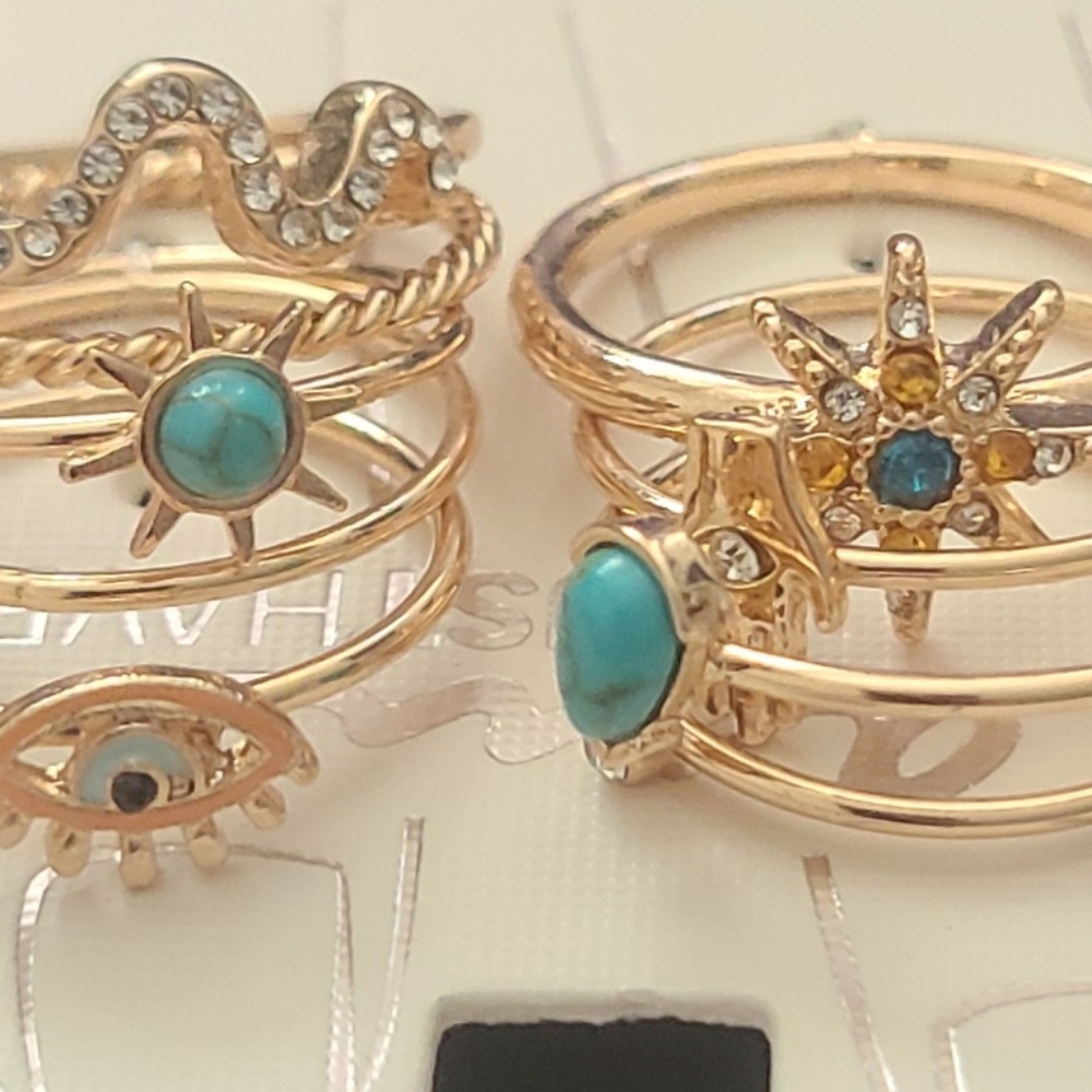 15 PC RINGS GOLD PLATED RHINESTONES EVIL EYE HAMSA HAND SNAKE FLOWER STARS